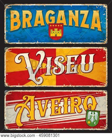 Viseu, Braganza, Aveiro, Portuguese City Plates And Travel Stickers, Vector Luggage Tags. Portugal C