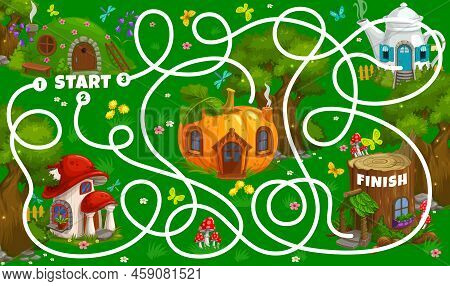 Labyrinth Maze Game Worksheet, Cartoon Fairy Houses And Dwellings Of Dwarfs, Vector. Find A Way With