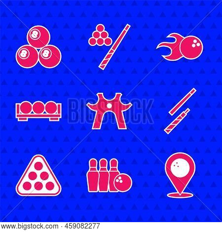 Set Billiard Rest, Bowling Pin And Ball, Location With Bowling, Cue, Balls Rack Triangle, Stand, And
