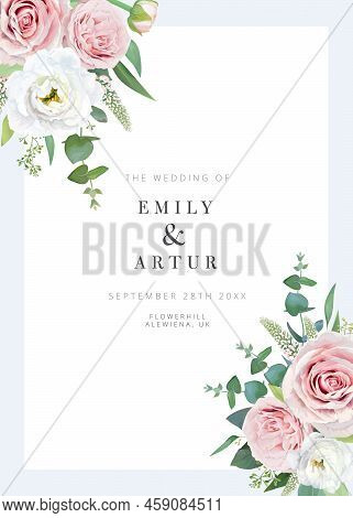 Elegant, Floral, Vector Wedding Invite, Card Template. Garden Blush Pink Roses, White Veronica Flowe
