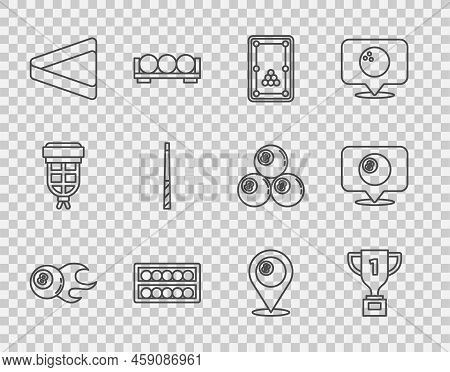 Set Line Billiard Ball, Award Cup, Table, Balls On Stand, Triangle, Cue, Location With Billiard And 