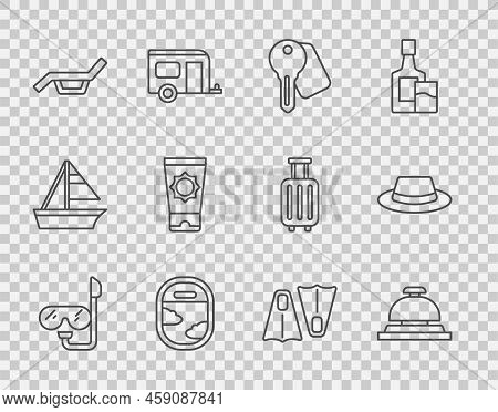 Set Line Diving Mask And Snorkel, Hotel Service Bell, Door Lock Key, Airplane Window, Sunbed Umbrell