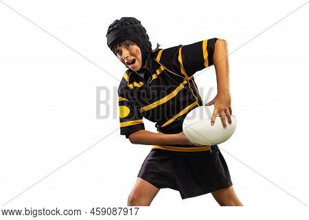 One Sportive Boy, Kid, Male Rugby Player Training With Ball Isolated On White Background With Grass 