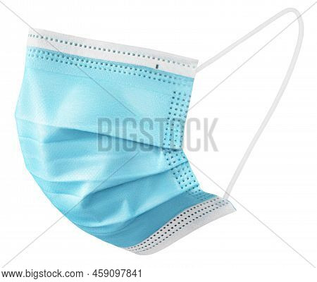 Blue Medical Protective Face Or Surgical Earloop Mask Isolated On White Background With Clipping Pat