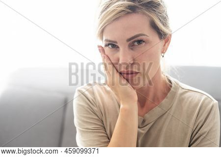 Toothache, Beautiful Woman With Tooth Infection. Young Woman Suffering From Toothache . Close Up Of 