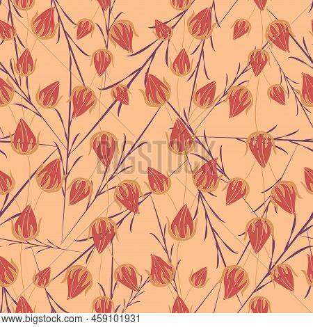 Retro Light Orange Peach Flower Buds Seamless Pattern With Random Purple Wild Herbs. Vector Retro Fa