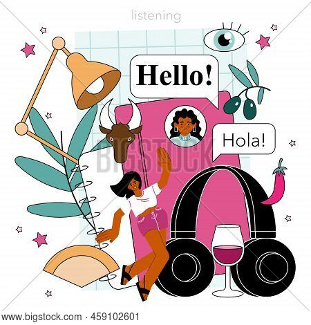 Spanish Language Concept. Language School Spanish Listening, Reading