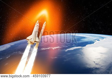 Spaceship Lift Off. Glowing Space Shuttle With Smoke And Blast Takes Off Into The Starry Sky. Rocket