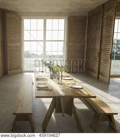 Scandinavian Farmhouse Style Wooden Kitchen And Large Windows With Nature View. Dining Table With Di
