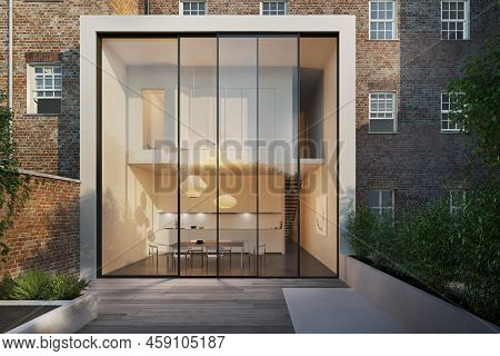 Beriln/ Germany - April 27 2021: Modern Luxury Kitchen Interior, Outdoor View