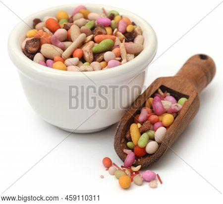 Colorful Paan Masala Spice For Eating Betel Leaf Over White Background