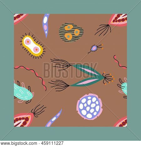 Colorful Medical Seamless Pattern With Cute Doodle Bacterias, Microbs And Dnk