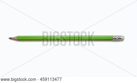 Classic Green Pencil With An Eraser On A White Background. The Concept Of Creativity Or Stationery I