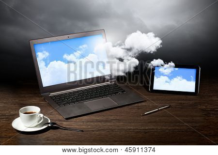 Image of business workplace with laptop, ipad, cup of coffee