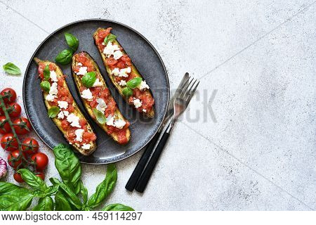 Eggplant Appetizer.
Baked Eggplant With Tomatoes, Ricotta And Basil.