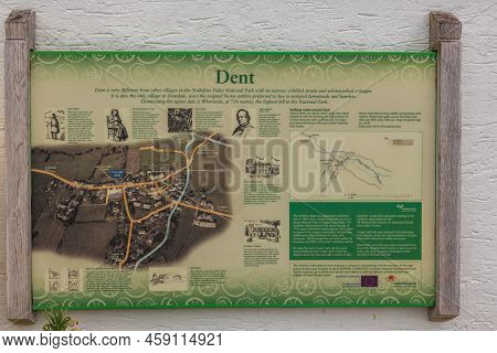 Dent, Cumbria, Uk -12 August 2018: Map With The Village Plan. Tourist Information Of Dent In The Yor