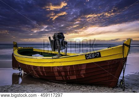 Sunset Over Baltic Sea With Fishing Boat On The Beach - Debki, Pomerania, Poland
