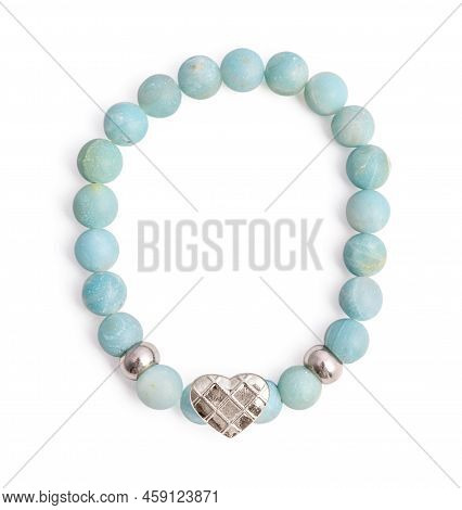 Beautiful Amazonite Or Amazon Stone Beads In Bracelet Isolated On White Background, Clipping Path In