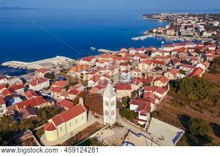 Aerial Top View Of Village Petrcane, Croatia. Touristic Background With Blue Sea And Red Roofs. Zada