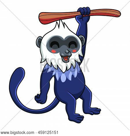 Vector Illustration Of Cute White Headed Langur Cartoon Hanging On Tree
