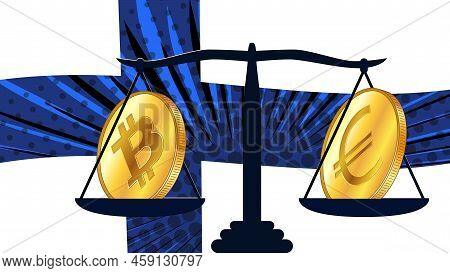 Gold Coin Of Bitcoin Btc And Euro Eur On Scales And Colored Flag Of Finland On Background. Central B