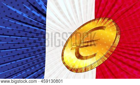 France Flag And Golden Coin With Sign Currency Euro Eur. Cbdc Concept. Vector Illustration.