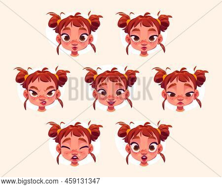 Cule Little Girl Face With Different Emotions. Vector Cartoon Set Of Child Portraits Isolated On Bac