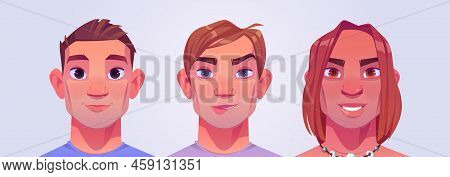 Men Portraits With Short And Long Hairs. Male Persons Avatars Isolated On Background. Vector Cartoon