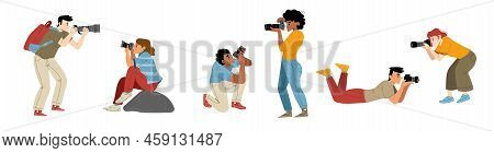 Professional Photographers With Cameras. Male And Female Characters Photographing, Take Photo Shots.