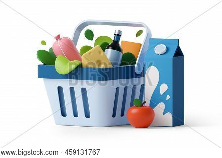 Shopping Basket With Groceries 3d Rendered Illustration. Grocery Bag With Product Set. Time For Shop