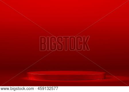 Red Platform For Showing Product. Empty Podium Or Pedestal Display On Red Background With Stand Conc