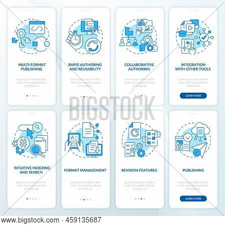 Lcms And Cms Features Blue Onboarding Mobile App Screen Set. Walkthrough 4 Steps Editable Graphic In