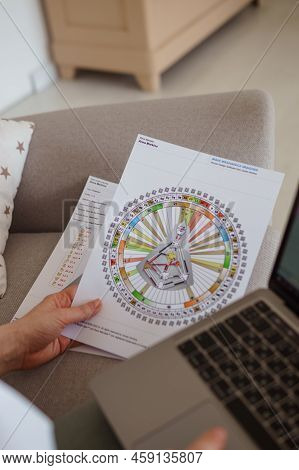 Tver, Russia-august 7, 2022. A Woman With A Laptop Is Studying Human Design. The Concept Of Studying