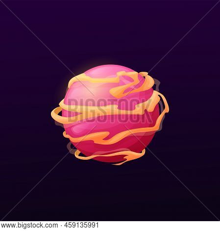 Cartoon Pink Space Planet With Long Clouds. Space Sci-fi World Or Fantastic Aliens Galaxy Planet. Ga