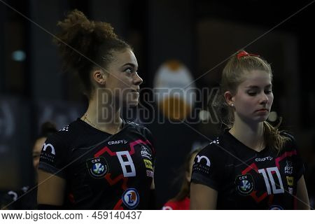 Istanbul, Turkey - February 15, 2022: Kimberly Drewniok And Pia Kastner In Vakifbank Vs Asptt Mulhou