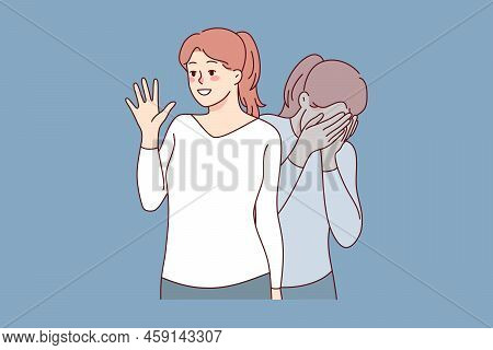 Girl Pretending Happy And Smiling Suffering From Depression Mental Breakdown. Young Woman Struggle W
