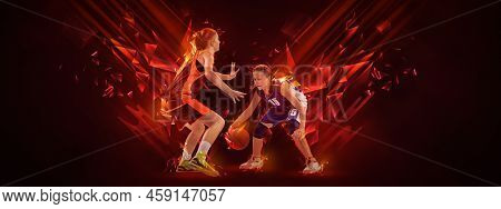 Creative Artwork With Two Young Female Basketball Players Playing Basketball Isolated On Dark Backgr