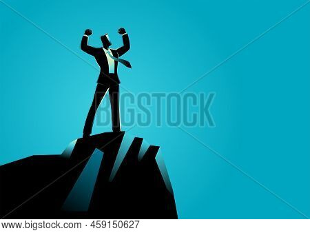 Business Concept Vector Illustration Of A Businessman Standing On Top Of Rock. Spirit, Determination