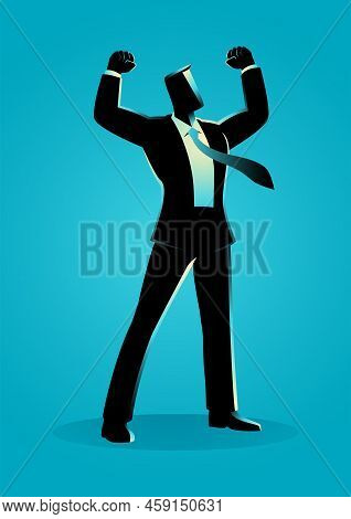 Business Concept Vector Illustration Of A Businessman Standing In Vigourous Pose. Spirit, Determinat