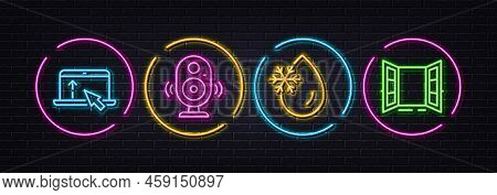 Swipe Up, Freezing Water And Speaker Minimal Line Icons. Neon Laser 3d Lights. Open Door Icons. For 