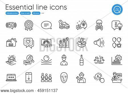 Graph Chart, Chat And Fake News Line Icons. Collection Of Insurance Medal, Laptop Password, Balloon 