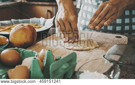 Close Up Of Female Working And Cooking At Home With Fresh Pasta Making A Handmade Cake. Natural Food