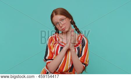 Please, God Help Me. Redhead Girl Praying, Looking Upward And Making Wish, Asking With Hopeful Implo