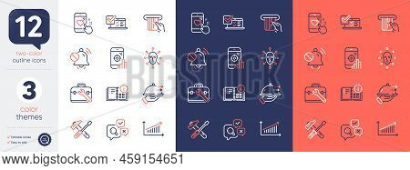 Set Of Instruction Info, Food Delivery And Hammer Tool Line Icons. Include Inspect, Heart Rating, Fa
