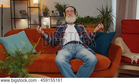 Keep Calm Down, Relax, Inner Balance. Senior Old Grandfather Man Breathes Deeply With Mudra Gesture 