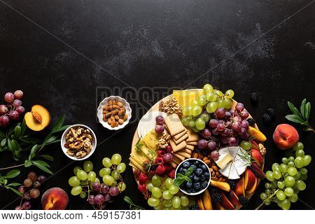 Autumn Cheese Board With Fresh Fruits And Berries Served With White Wine, Top View