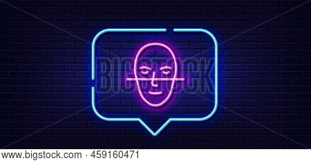 Neon Light Speech Bubble. Face Recognition Line Icon. Faces Biometrics Sign. Head Scanning Symbol. N