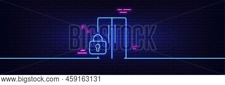 Neon Light Glow Effect. Refrigerator Locked Line Icon. Fridge Child Lock Sign. Freezer Storage Symbo