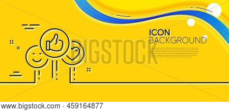 Social Media Like Line Icon. Abstract Yellow Background. Thumbs Up Sign. Positive Smile And Heart Fe
