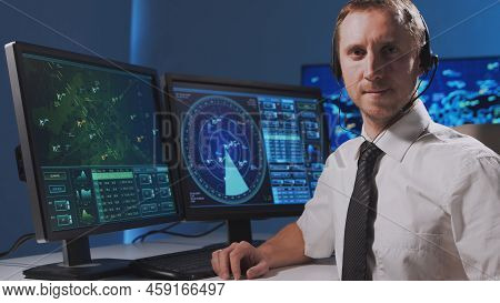 Workplace Of The Professional Air Traffic Controller In The Control Tower. Caucasian Aircraft Contro
